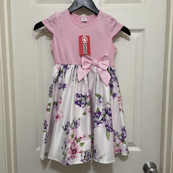 Patpat Girls Size 6-7y Short Sleeve Dress Easter Spring‎ Bow Pink Purple Flowers - Picture 1 of 9